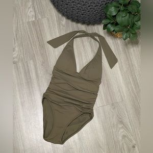 DKNY Olive Green Ruched One Piece Swimsuit